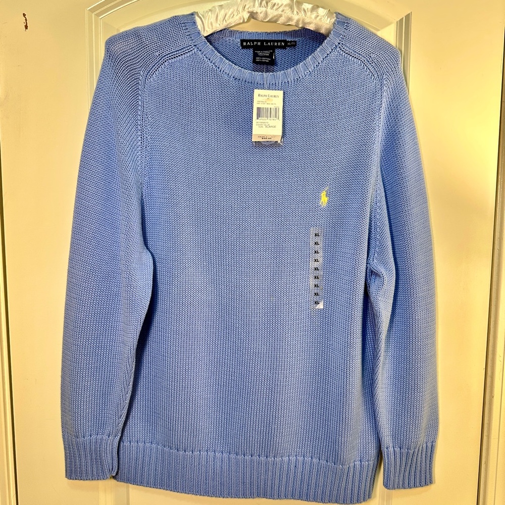 NWT! Ralph Lauren Women’s lt Blue Crew Neck Double Knit w Rib Trim XL Sweater